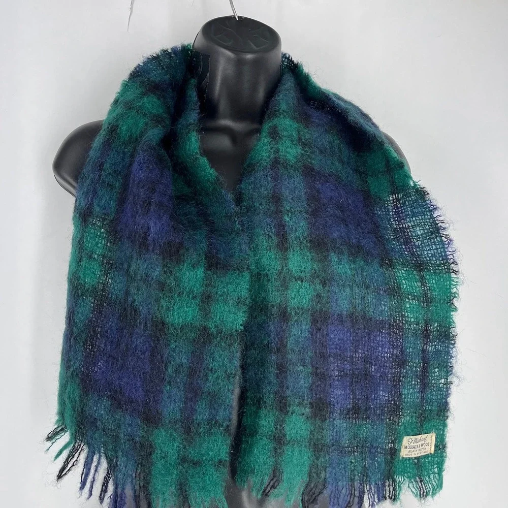 St Michael Mens Black Watch Tartan Mohair Wool Scarf Made in Scotland Green Blue